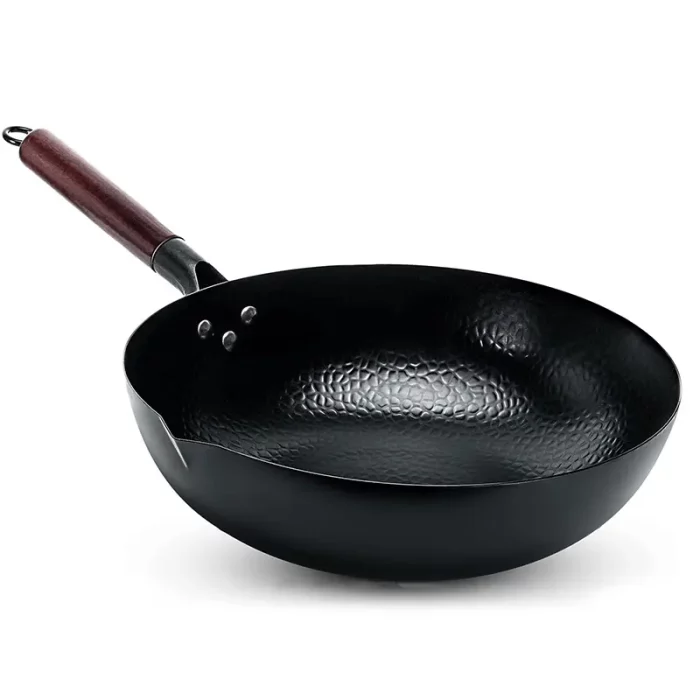 Poêle wok, en acier inoxydable, avec manche en bois