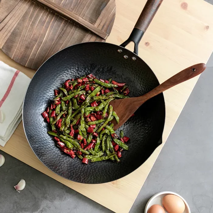 Poêle wok, en acier inoxydable, avec manche en bois qualité supérieure