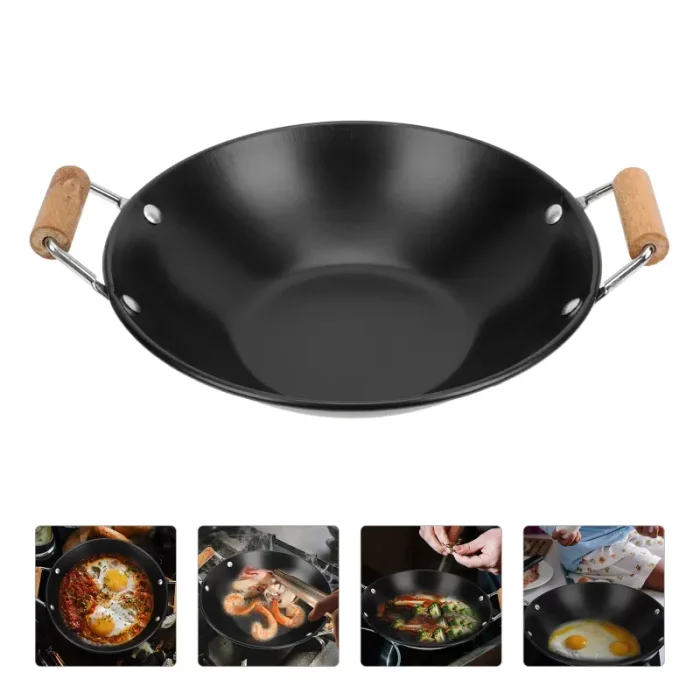 Poêle wok, en acier inoxydable, avec poignées, noir