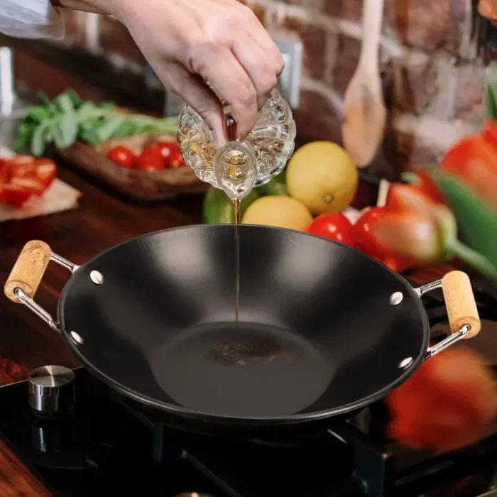 Poêle wok, en acier inoxydable, avec poignées, noir qualité supérieure