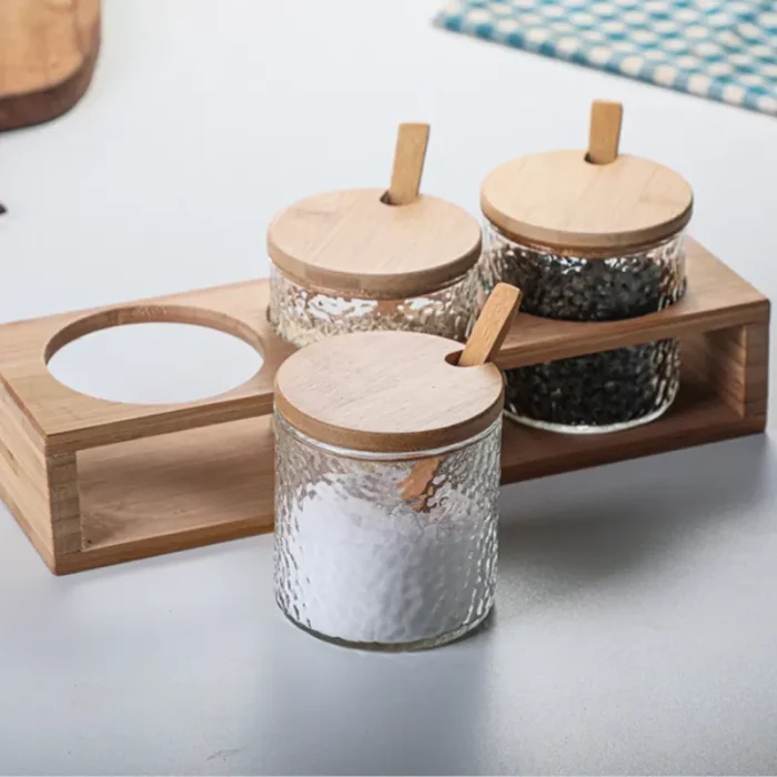 Boîte à épices, ensemble de 3 pièces avec un support en bois pots en verre