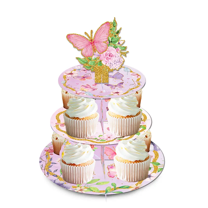 Présentoir gâteau, 3 étages, thème papillons