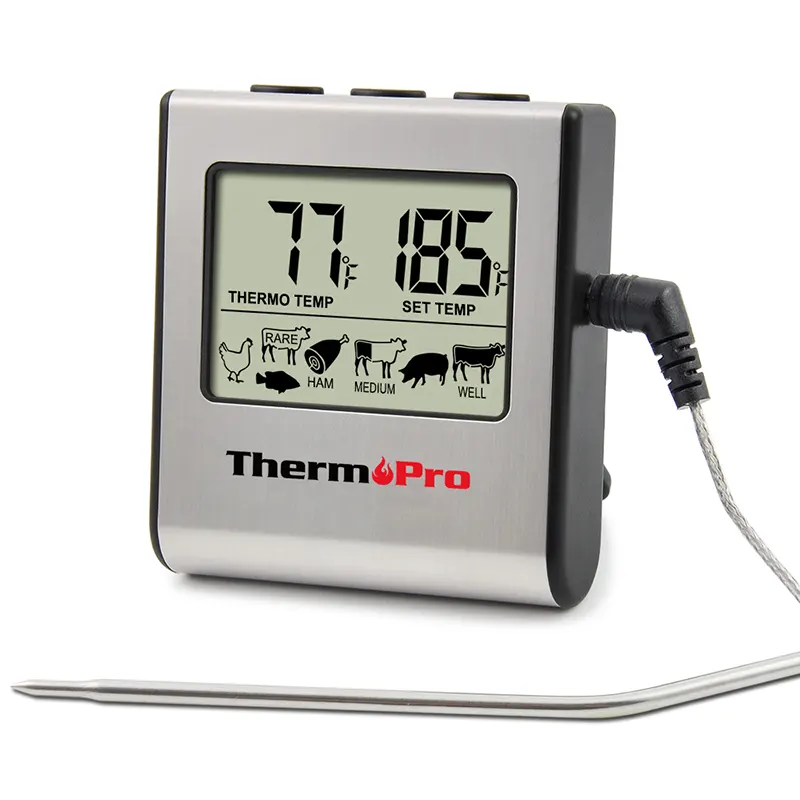 Thermomètre de cuisson, écran numérique, avec sonde en acier inoxydable, gris