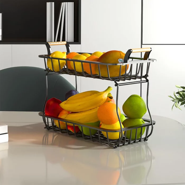 Étagère cuisine rectangulaire à 2 niveaux avec poignée en bois