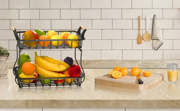 Étagère cuisine rectangulaire à 2 niveaux avec poignée en bois