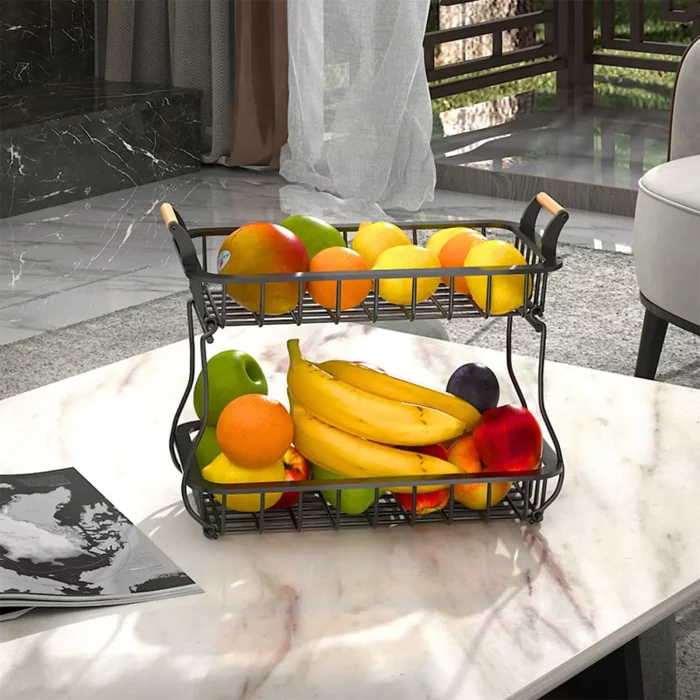 Étagère cuisine rectangulaire à 2 niveaux avec poignée en bois