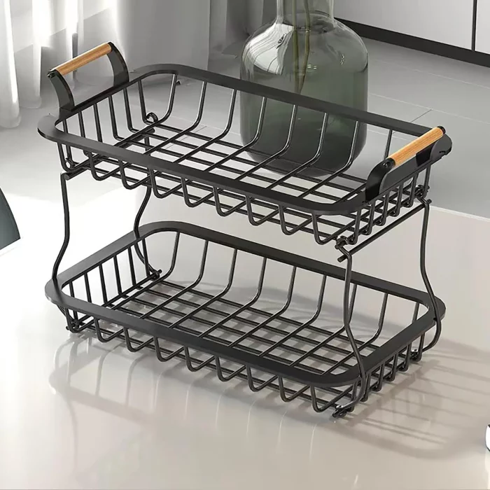 Étagère cuisine rectangulaire à 2 niveaux avec poignée en bois
