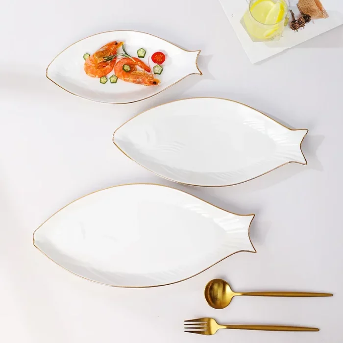 Assiette creuse forme poisson bord doré en porcelaine