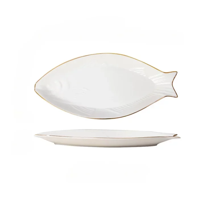 Assiette creuse forme poisson bord doré en porcelaine