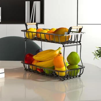 Étagère cuisine rectangulaire à 2 niveaux avec poignée en bois.webp